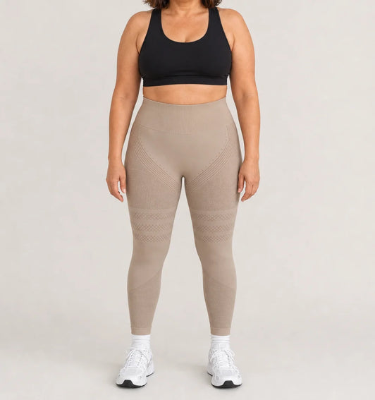 3D Leggings in Beige, front view of the seamless knit with raised 3D panels