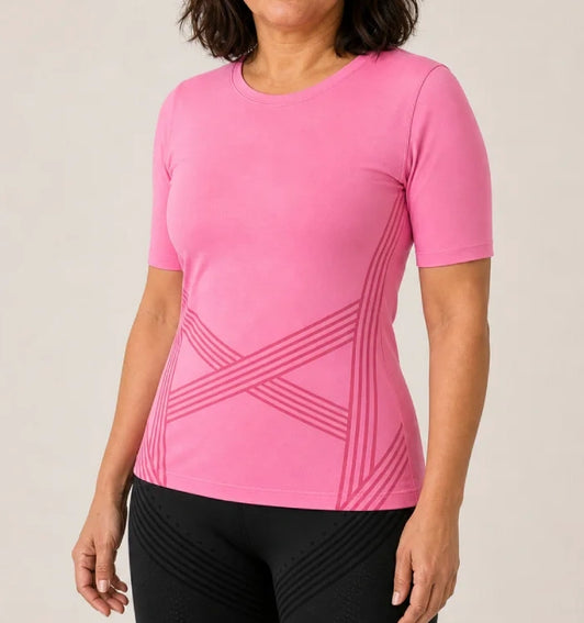 3D Sculpting T-Shirt in Pink, front view showing the criss-cross 3D knit at the waist